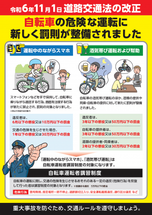 自転車のながら運転、酒気帯び運転厳罰強化チラシ（裏）　道路交通法改正詳細