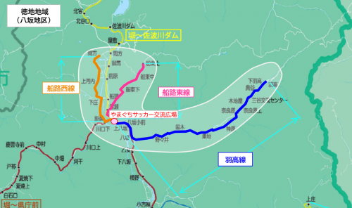 山口市徳地地域のAIデマンド交通化する地域地図その１